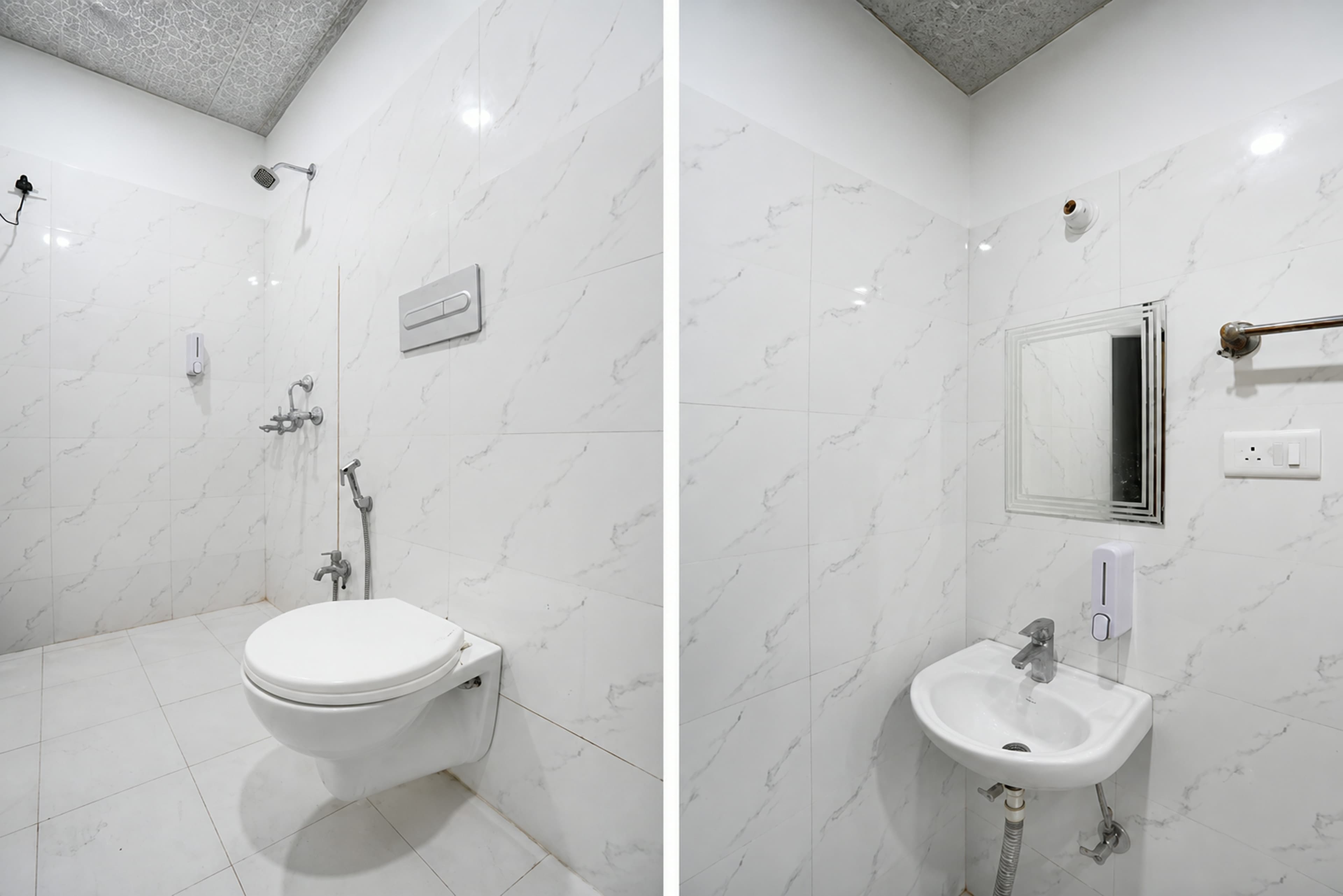 Clean tiled bathroom with a wall-mounted geyser and washbasin
