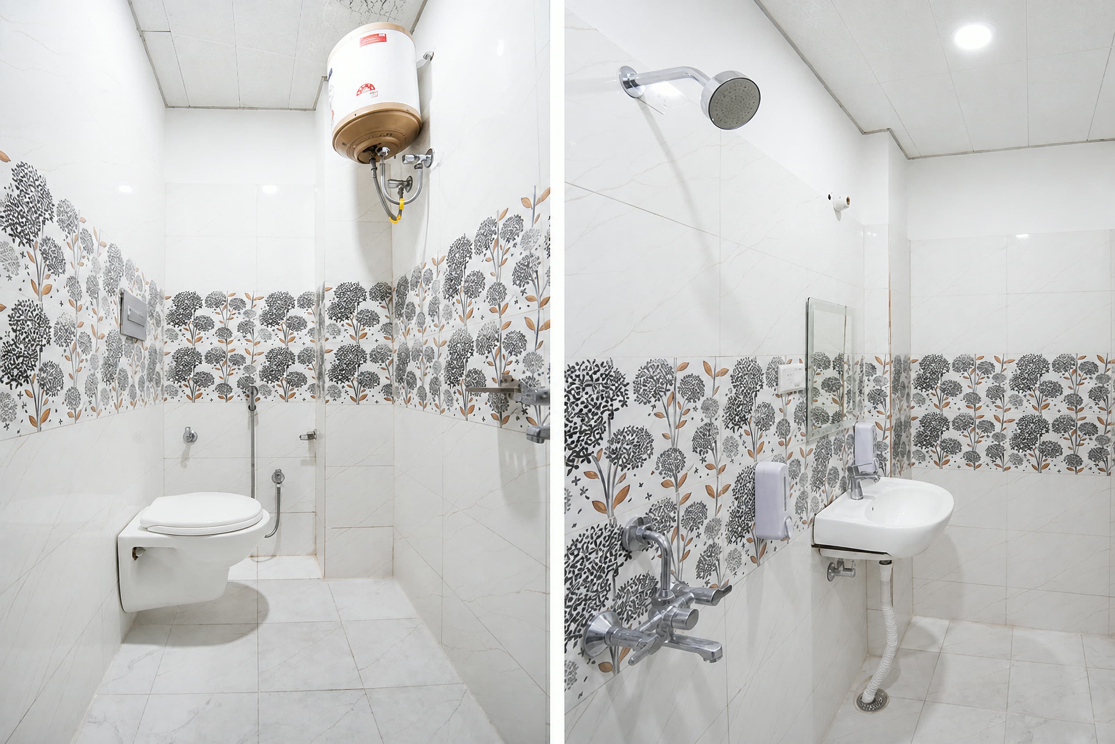 Clean tiled bathroom with a geyser and washbasin