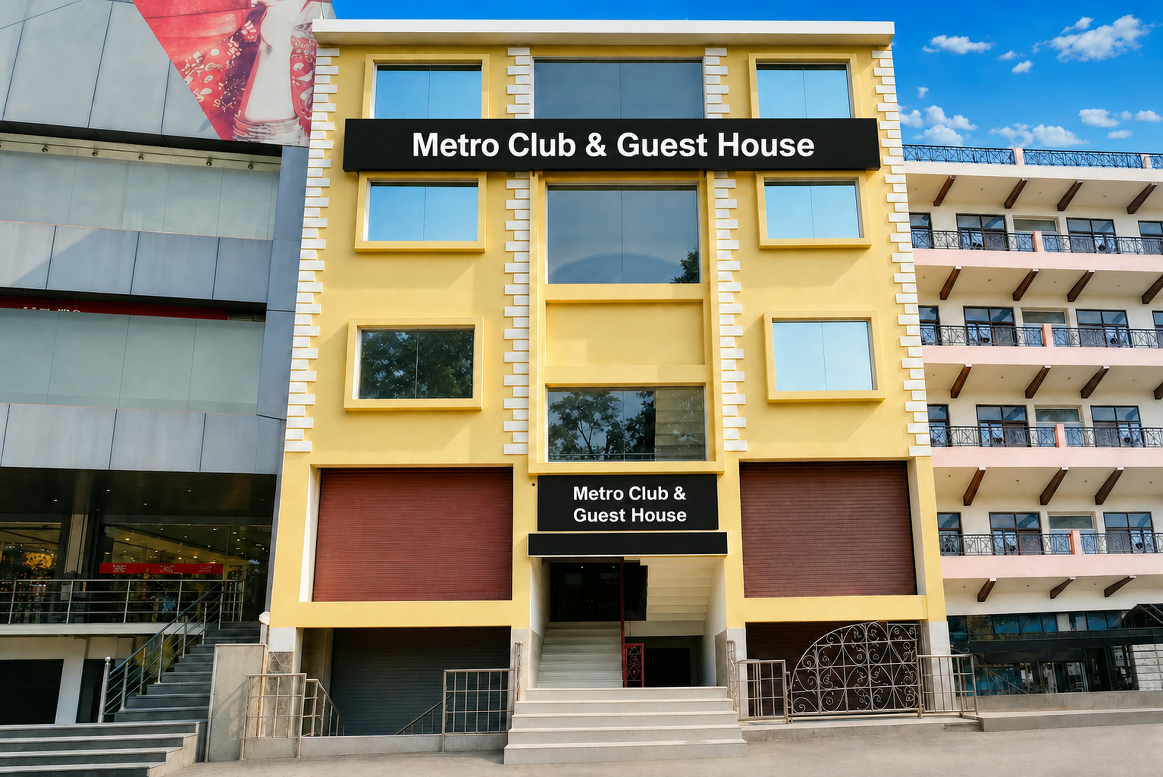Street view of the Metro Club & Guest House building in Vikas Nagar, Lucknow