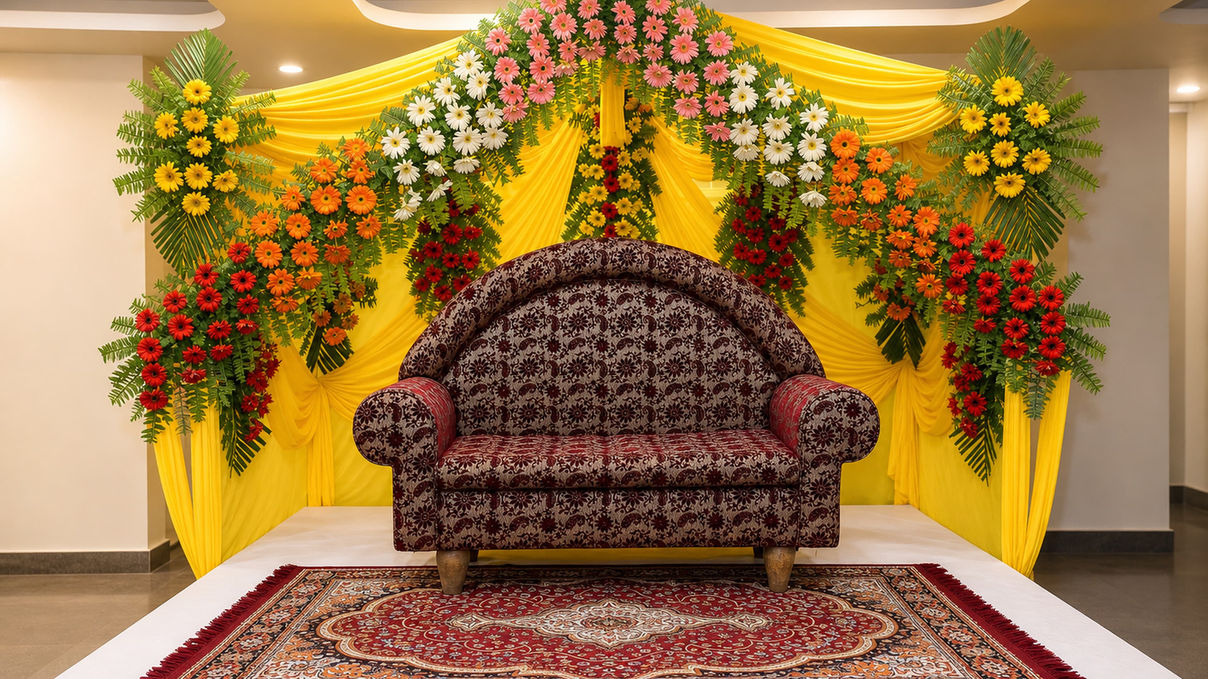 Wedding stage in the hall with a yellow-and-floral backdrop and a settee