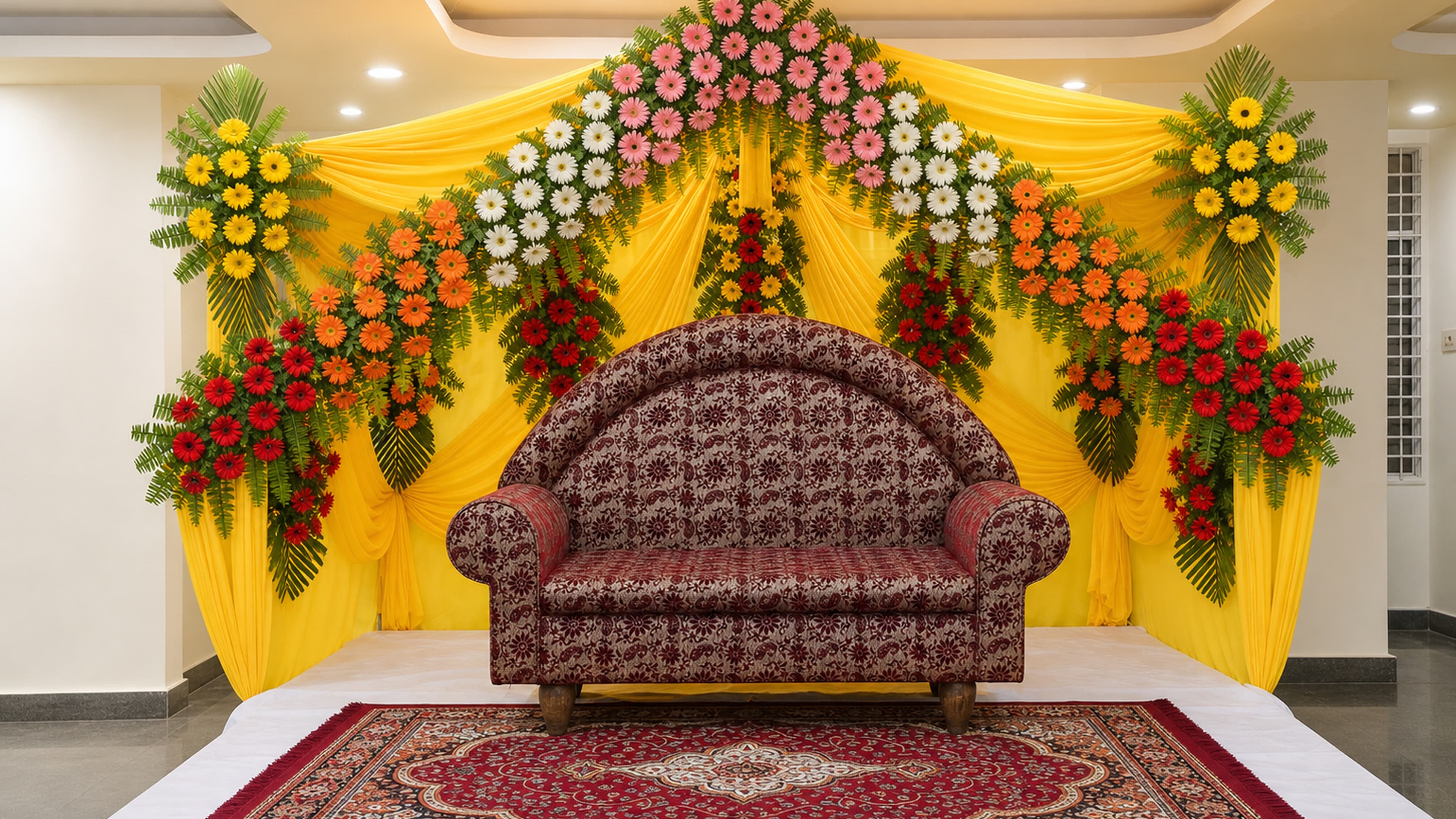 Decorated wedding stage in the banquet hall