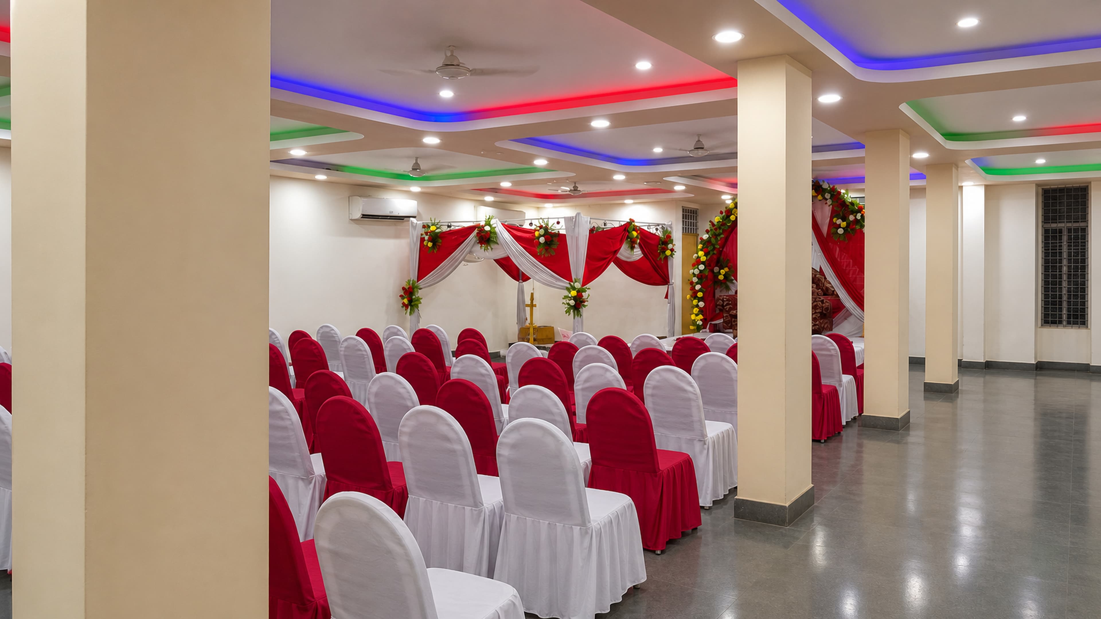 The air-conditioned hall set with covered chairs