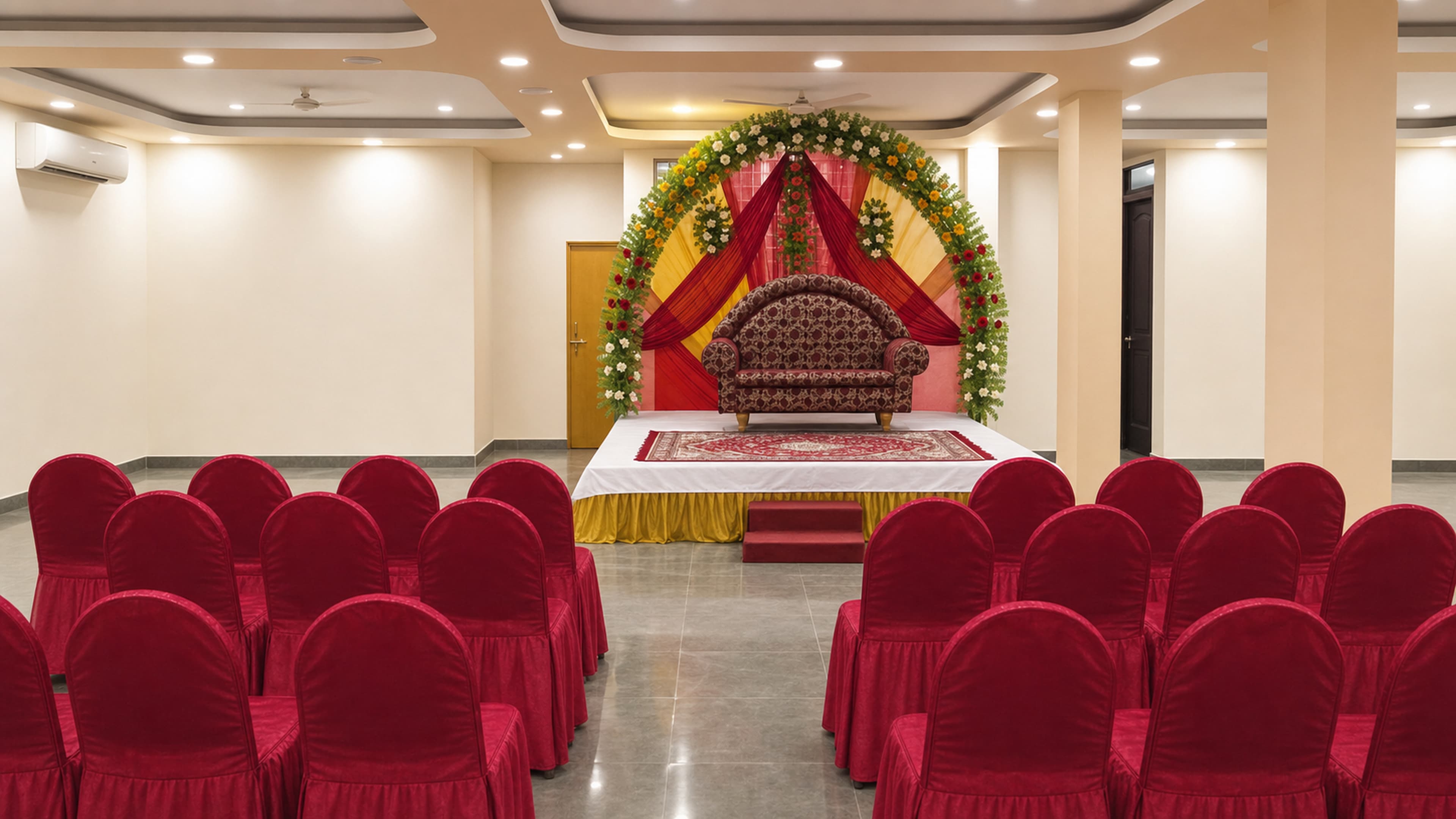 Wedding stage with a floral arch in the hall