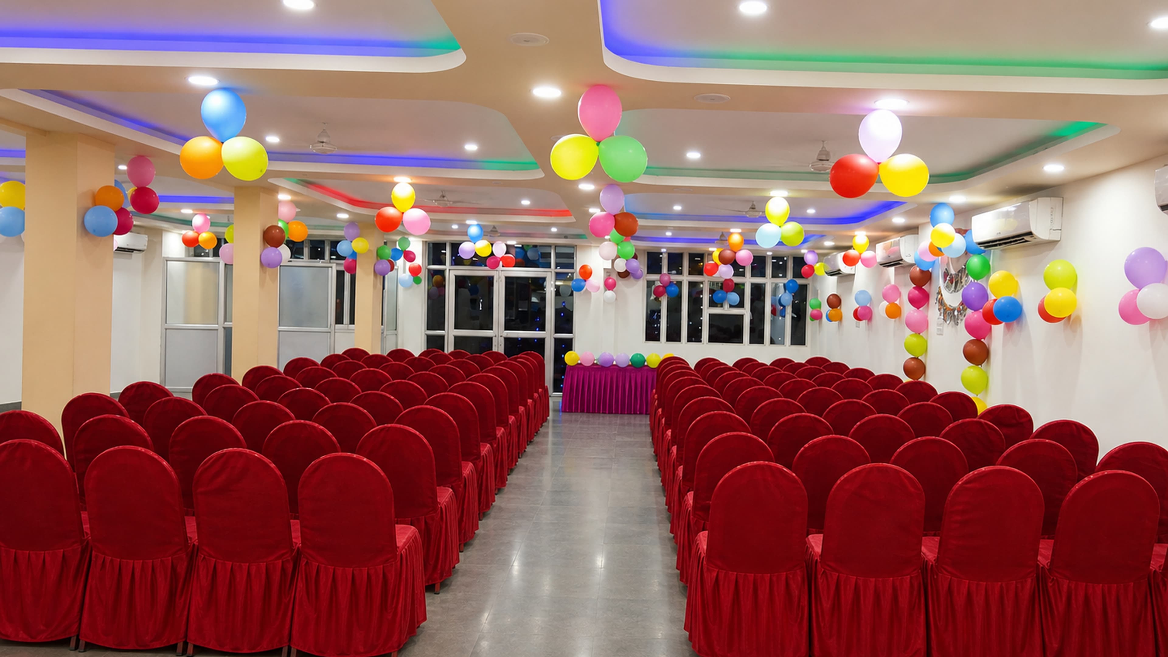 The banquet hall decorated for a daytime function