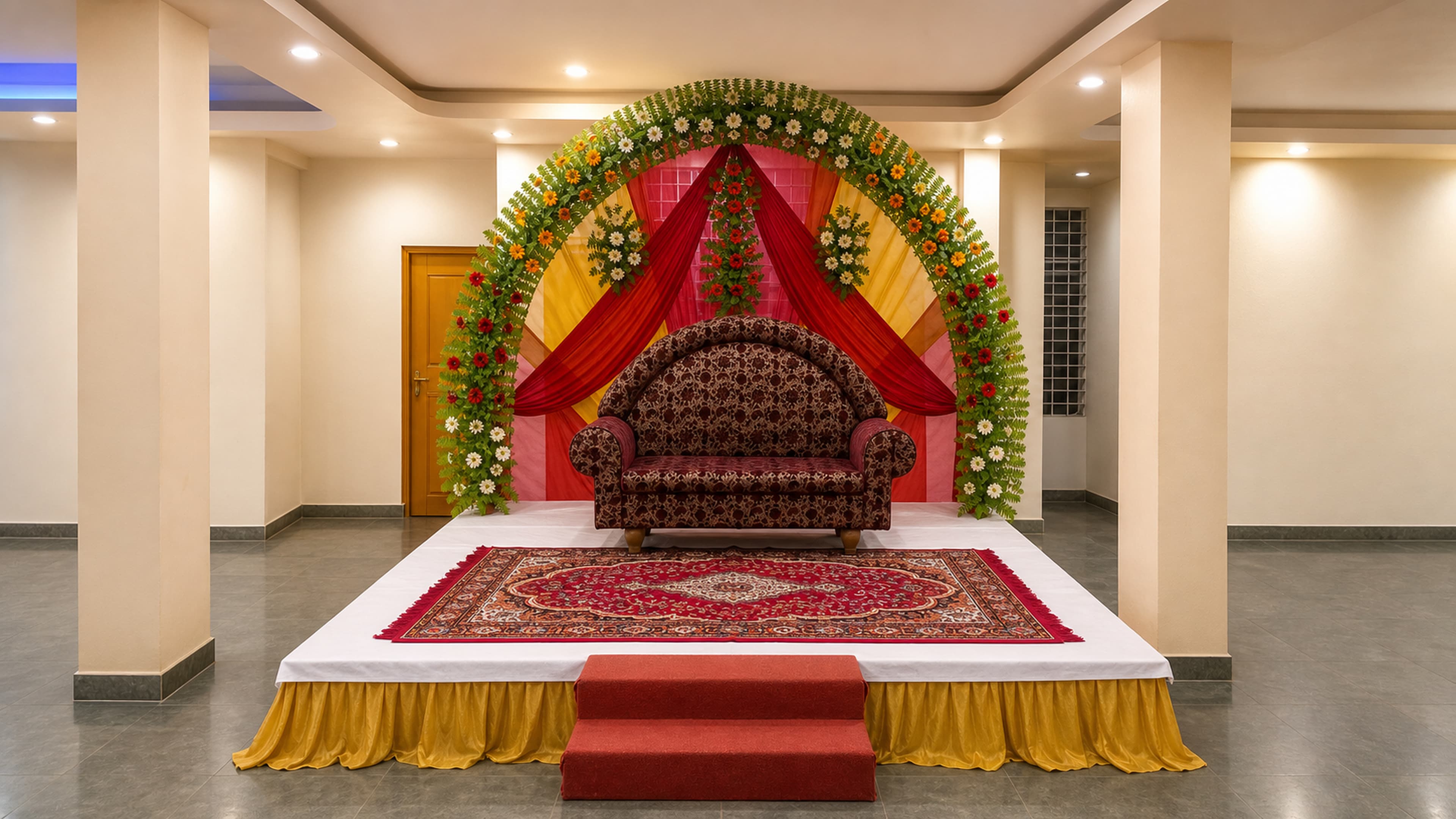 The banquet hall dressed for an evening reception