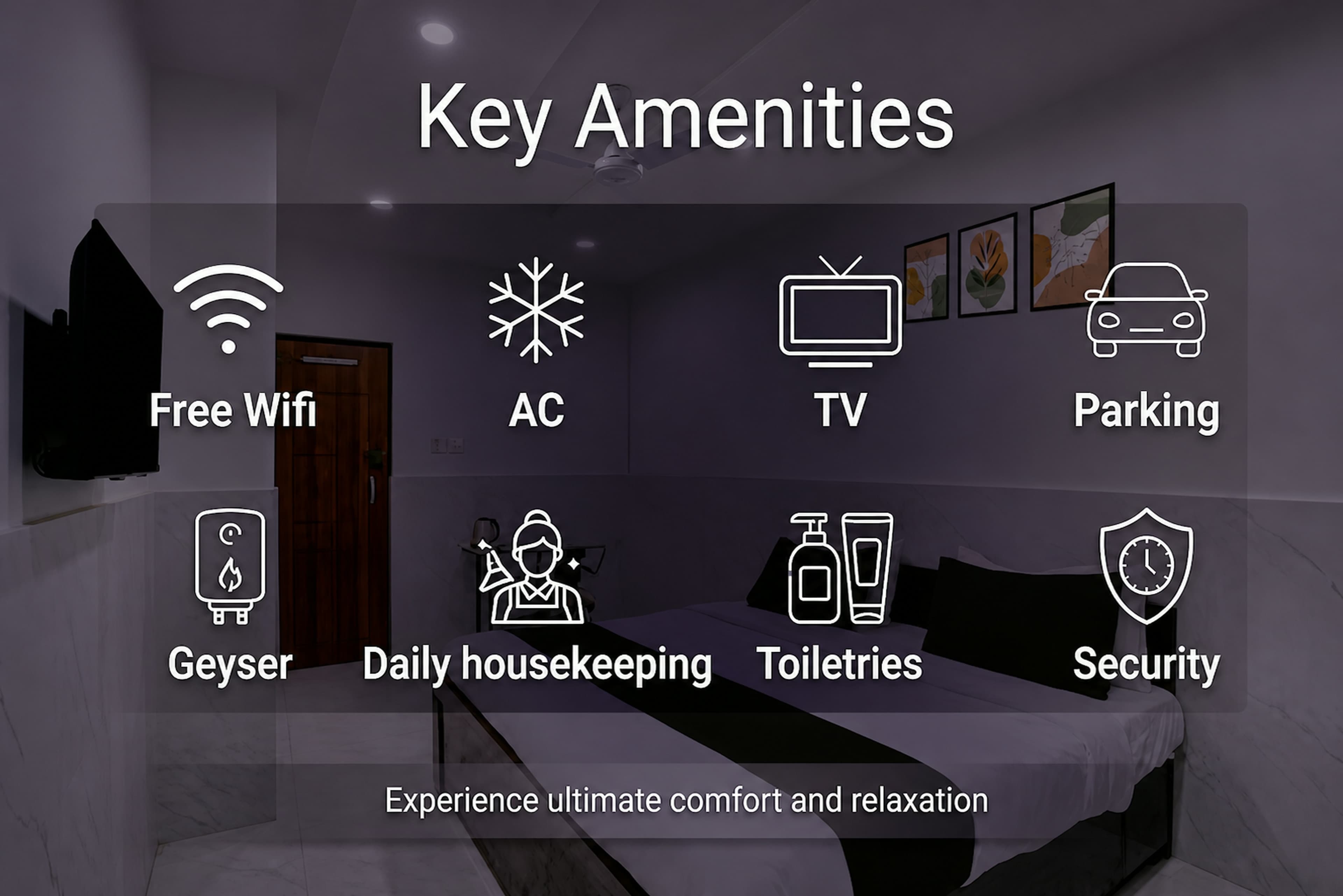 Key amenities at Metro Club & Guest House — free Wi-Fi, AC, TV, parking, geyser, daily housekeeping, toiletries and security